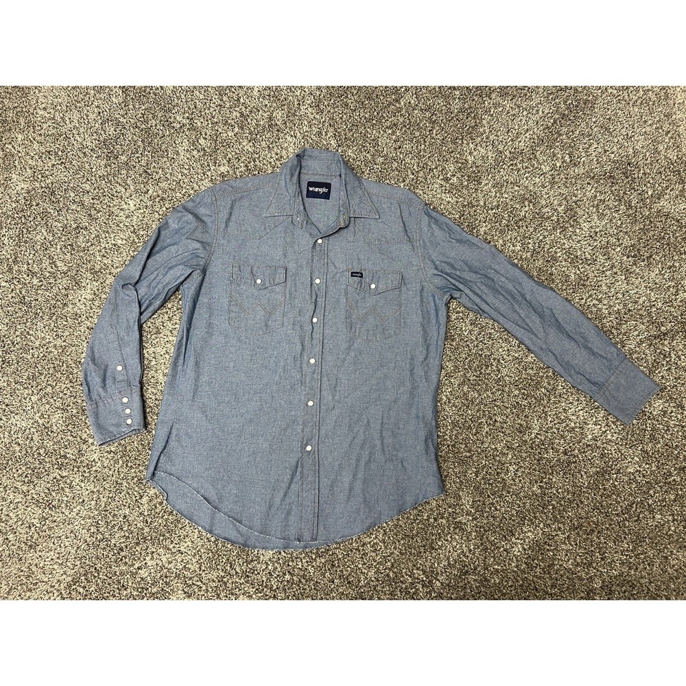 Wrangler Western Shirt Mens L Blue Chambray Snap Button Long Sleeve Cowboy Work